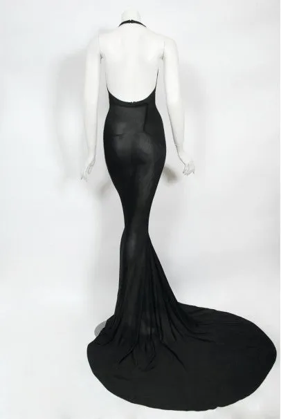 1998 Azzedine Alaia Black Knit Hourglass Halter Bias-Cut Trained Gown