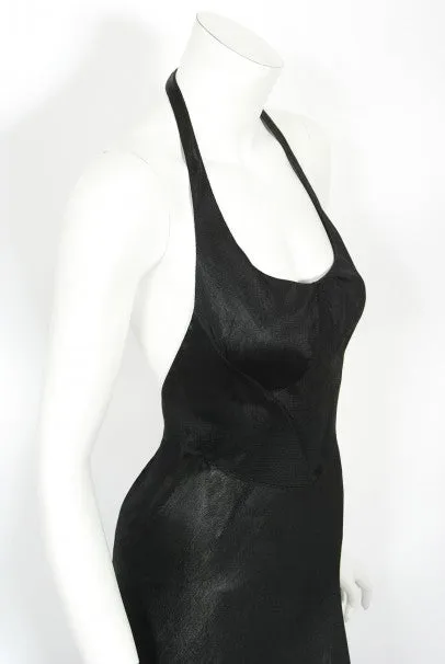 1998 Azzedine Alaia Black Knit Hourglass Halter Bias-Cut Trained Gown
