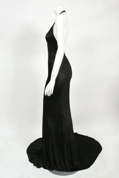 1998 Azzedine Alaia Black Knit Hourglass Halter Bias-Cut Trained Gown