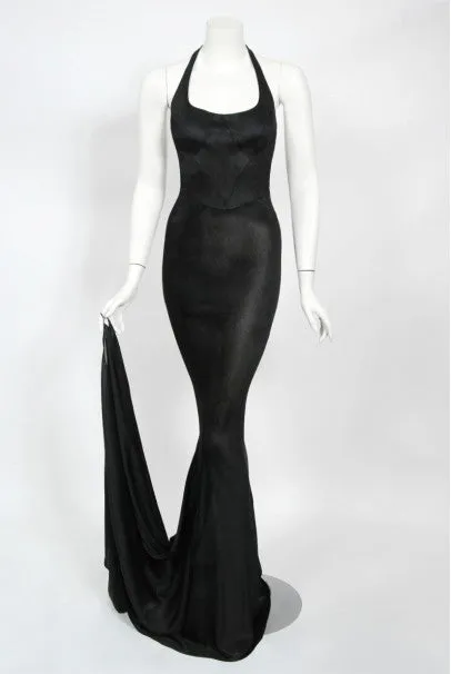 1998 Azzedine Alaia Black Knit Hourglass Halter Bias-Cut Trained Gown