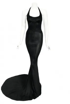 1998 Azzedine Alaia Black Knit Hourglass Halter Bias-Cut Trained Gown