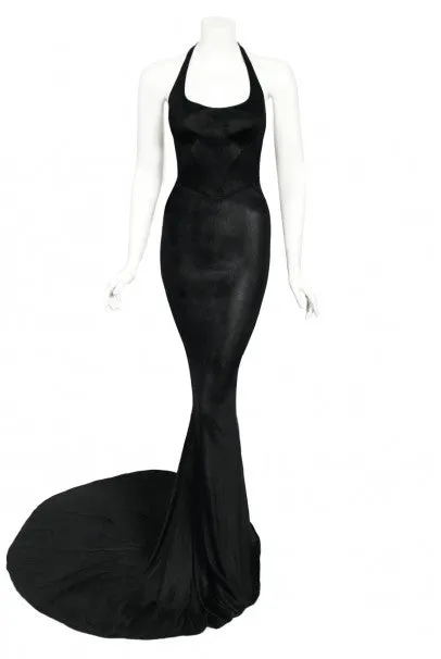 1998 Azzedine Alaia Black Knit Hourglass Halter Bias-Cut Trained Gown
