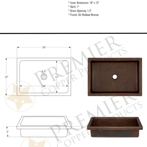 20" Rectangle Skirted Vessel Hammered Copper Sink
