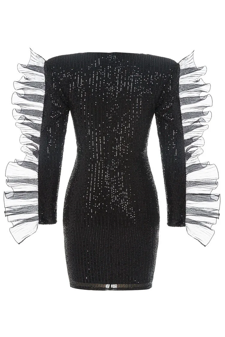 Amozae-hoco dresses -Diva Shoulder Pad Ruffle Long Sleeve Cutout Sequin Mini Dress - Black
