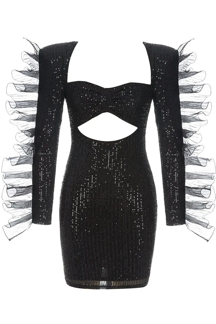 Amozae-hoco dresses -Diva Shoulder Pad Ruffle Long Sleeve Cutout Sequin Mini Dress - Black