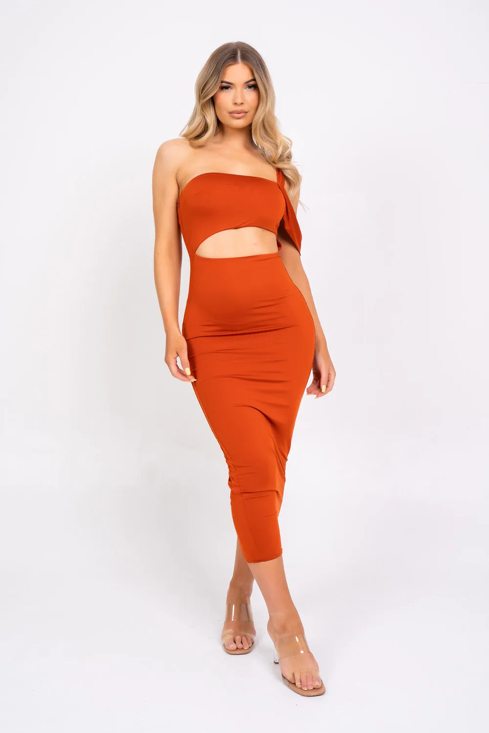 Chantell Orange One Shoulder Cut Out Midi Maxi Bodycon Slinky Sculpt Dress