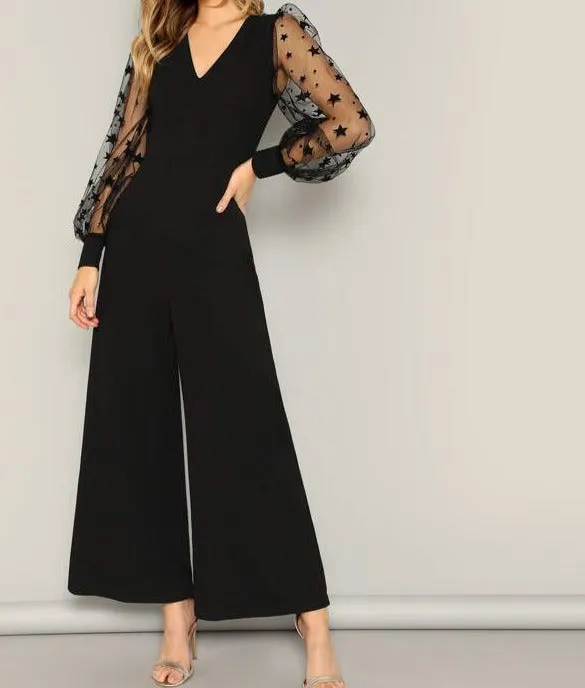 Contrast Mesh Galaxy Print Sleeve Top & Wide Leg Pants