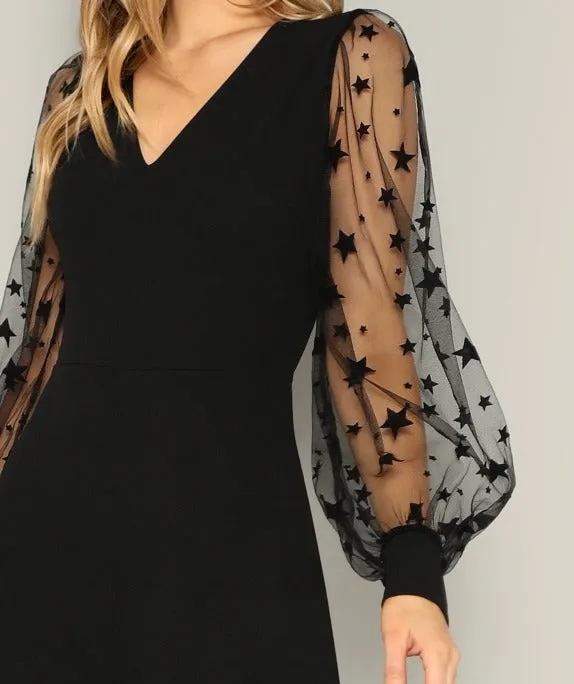Contrast Mesh Galaxy Print Sleeve Top & Wide Leg Pants