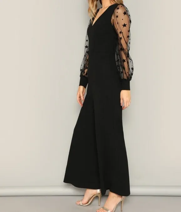 Contrast Mesh Galaxy Print Sleeve Top & Wide Leg Pants