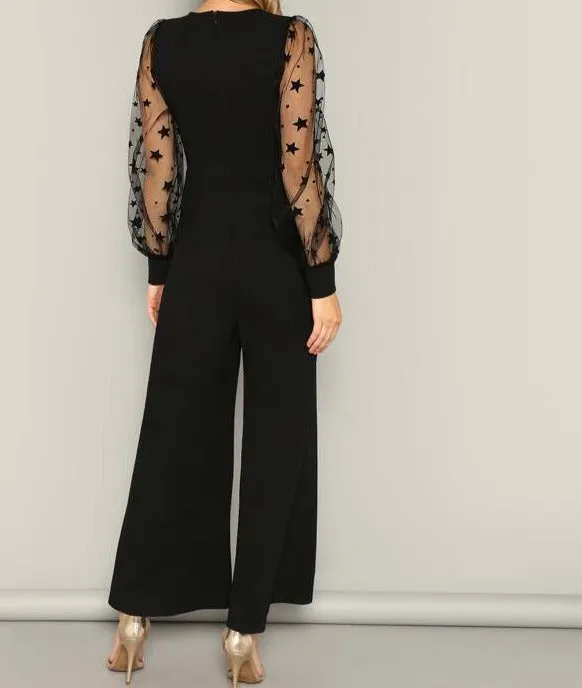 Contrast Mesh Galaxy Print Sleeve Top & Wide Leg Pants