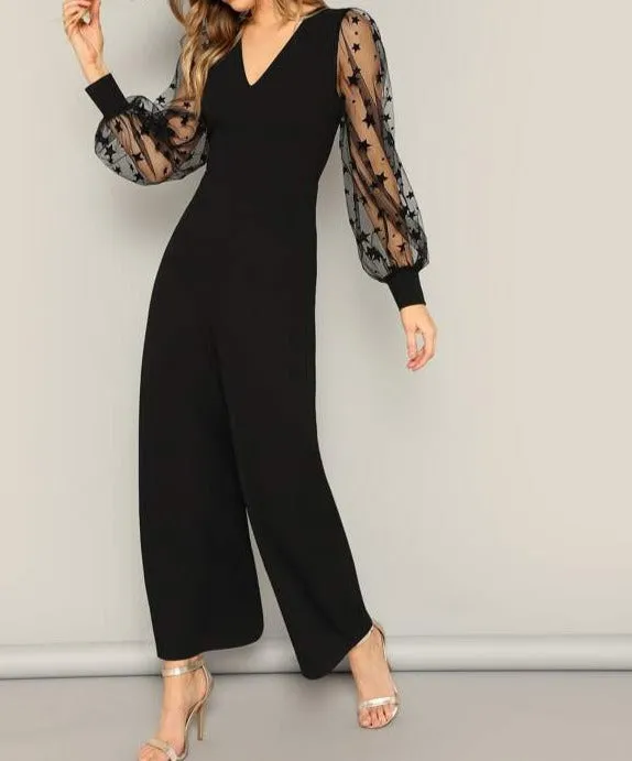 Contrast Mesh Galaxy Print Sleeve Top & Wide Leg Pants