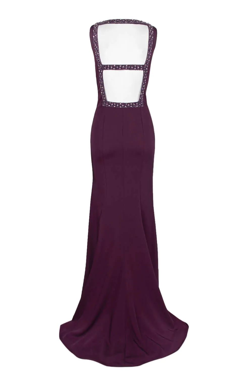 Dave & Johnny Embellished Boat Neck Sleeveless Bodycon Cutout Back Solid Satin Gown