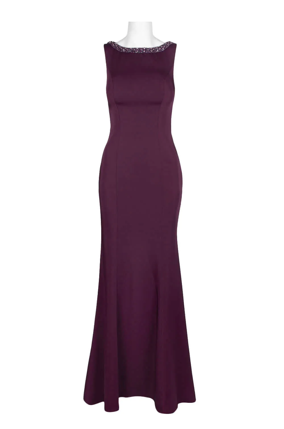 Dave & Johnny Embellished Boat Neck Sleeveless Bodycon Cutout Back Solid Satin Gown