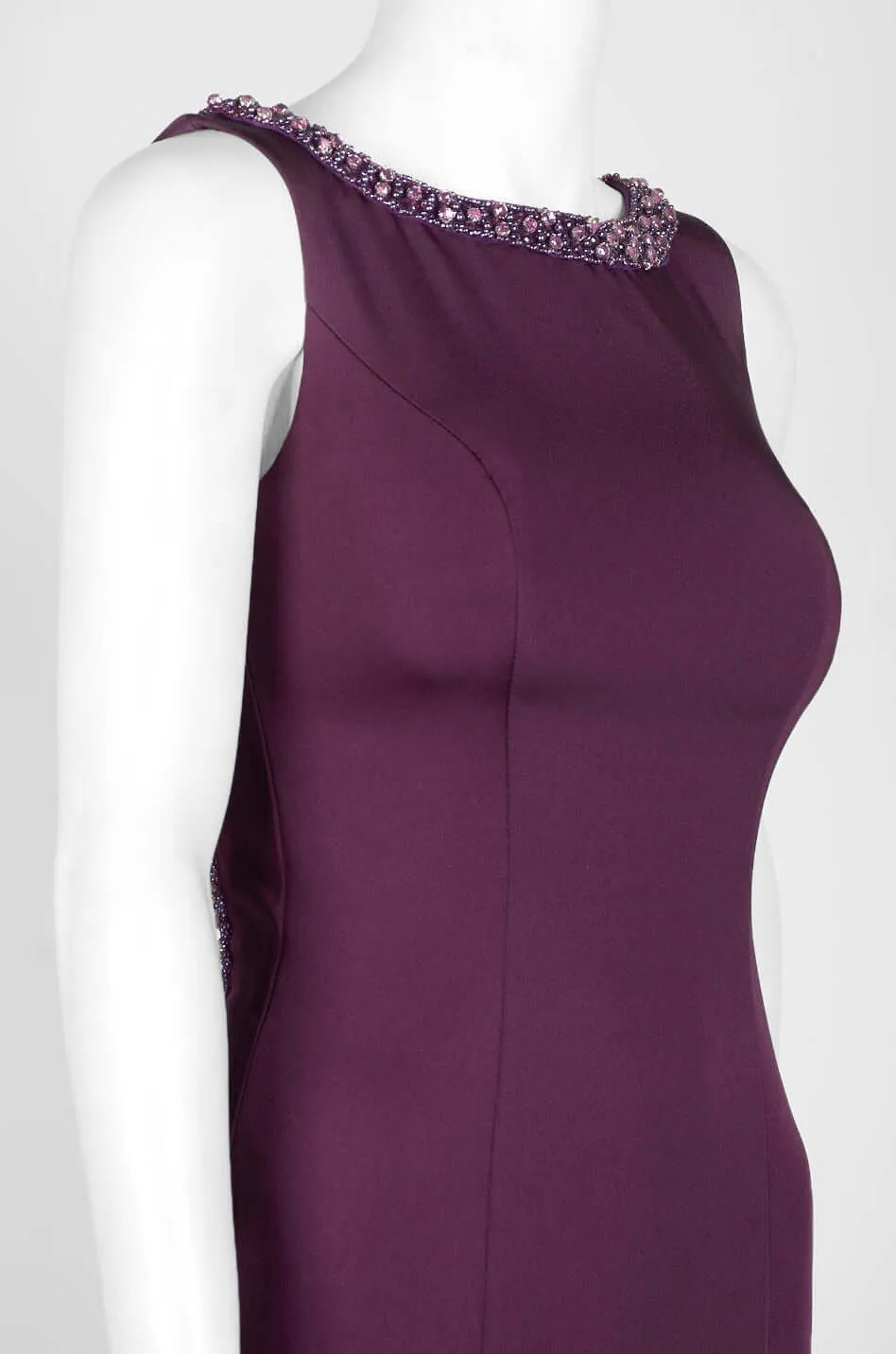 Dave & Johnny Embellished Boat Neck Sleeveless Bodycon Cutout Back Solid Satin Gown