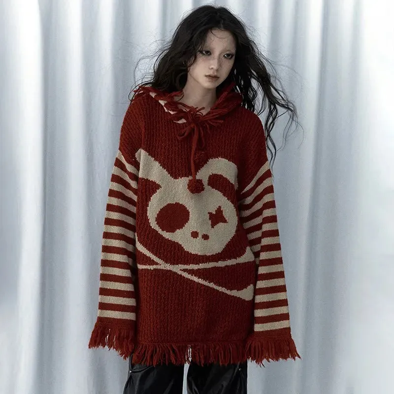 Fashionkova Grunge Aesthetics Distressed Sweater Vintage Knitted Hooded Pullover Wasteland Punk Skull Embroidery Knitwear Gothic Y2k