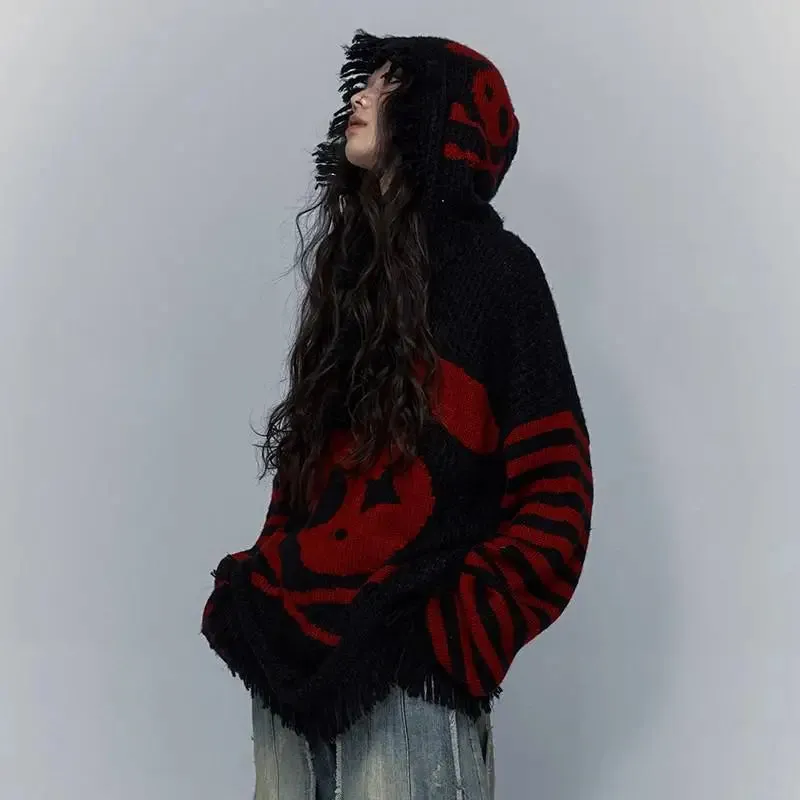 Fashionkova Grunge Aesthetics Distressed Sweater Vintage Knitted Hooded Pullover Wasteland Punk Skull Embroidery Knitwear Gothic Y2k