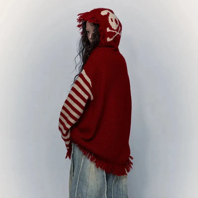 Fashionkova Grunge Aesthetics Distressed Sweater Vintage Knitted Hooded Pullover Wasteland Punk Skull Embroidery Knitwear Gothic Y2k