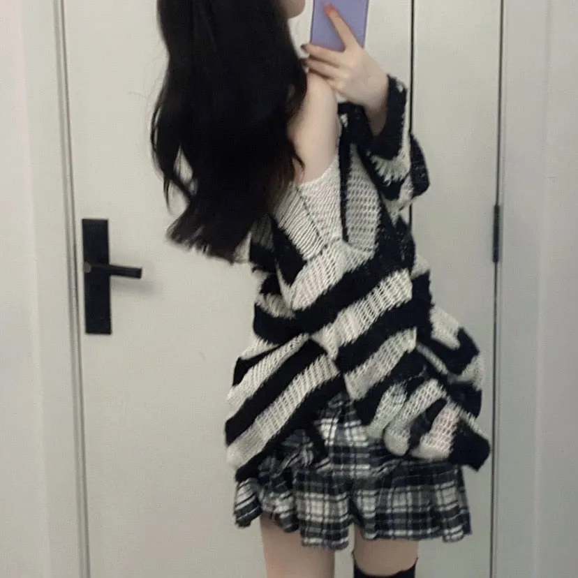 Fashionkova  Punk Gothic Long Sweater Women Dark Aesthetic Striped Pullovers Hollow Out Oversized Grunge Jumpers Emo Alt Clothes Y2k