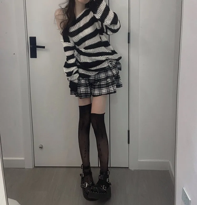 Fashionkova  Punk Gothic Long Sweater Women Dark Aesthetic Striped Pullovers Hollow Out Oversized Grunge Jumpers Emo Alt Clothes Y2k