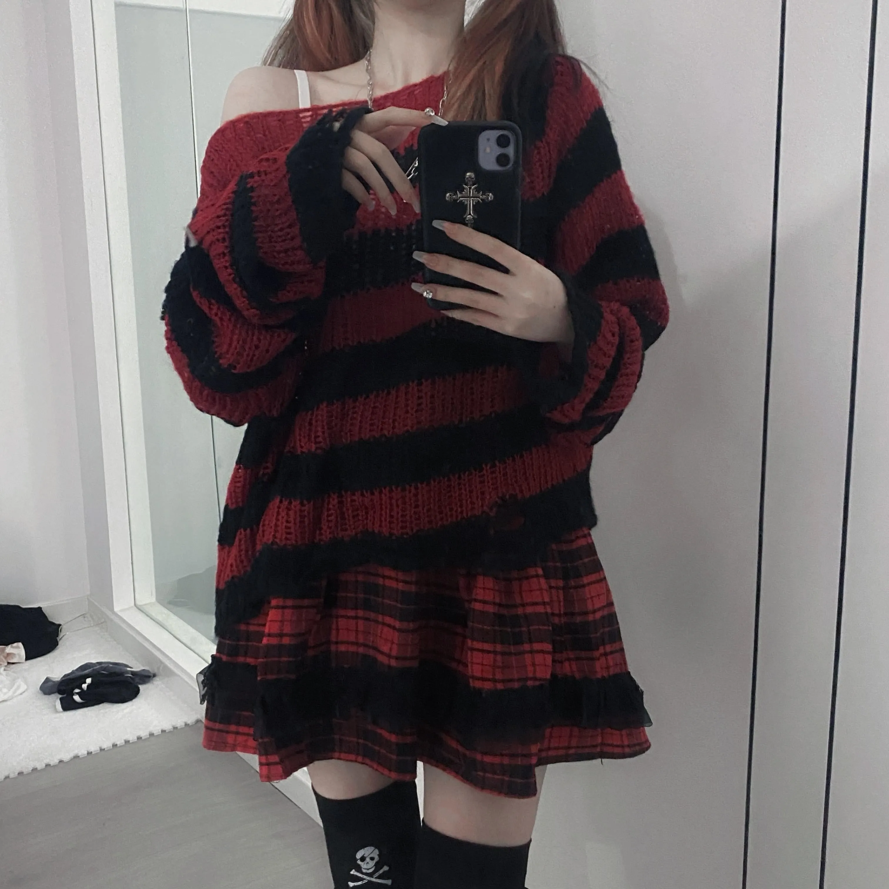 Fashionkova  Punk Gothic Long Sweater Women Dark Aesthetic Striped Pullovers Hollow Out Oversized Grunge Jumpers Emo Alt Clothes Y2k