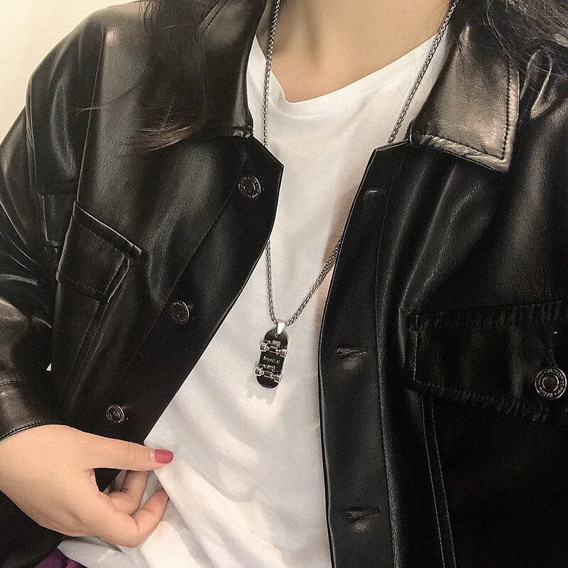 Flytonn Goth Fashion Skateboard Pendant Necklace Men Punk Long Chain Necklaces On The Neck Stainless Steel Women's Men's Jewelry