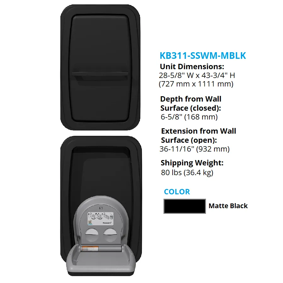 Koala Kare® KB311-SSWM-MBLK - Matte Black Wall Mounted Vertical Stainless Steel Baby Changing Station (Newest Generation)