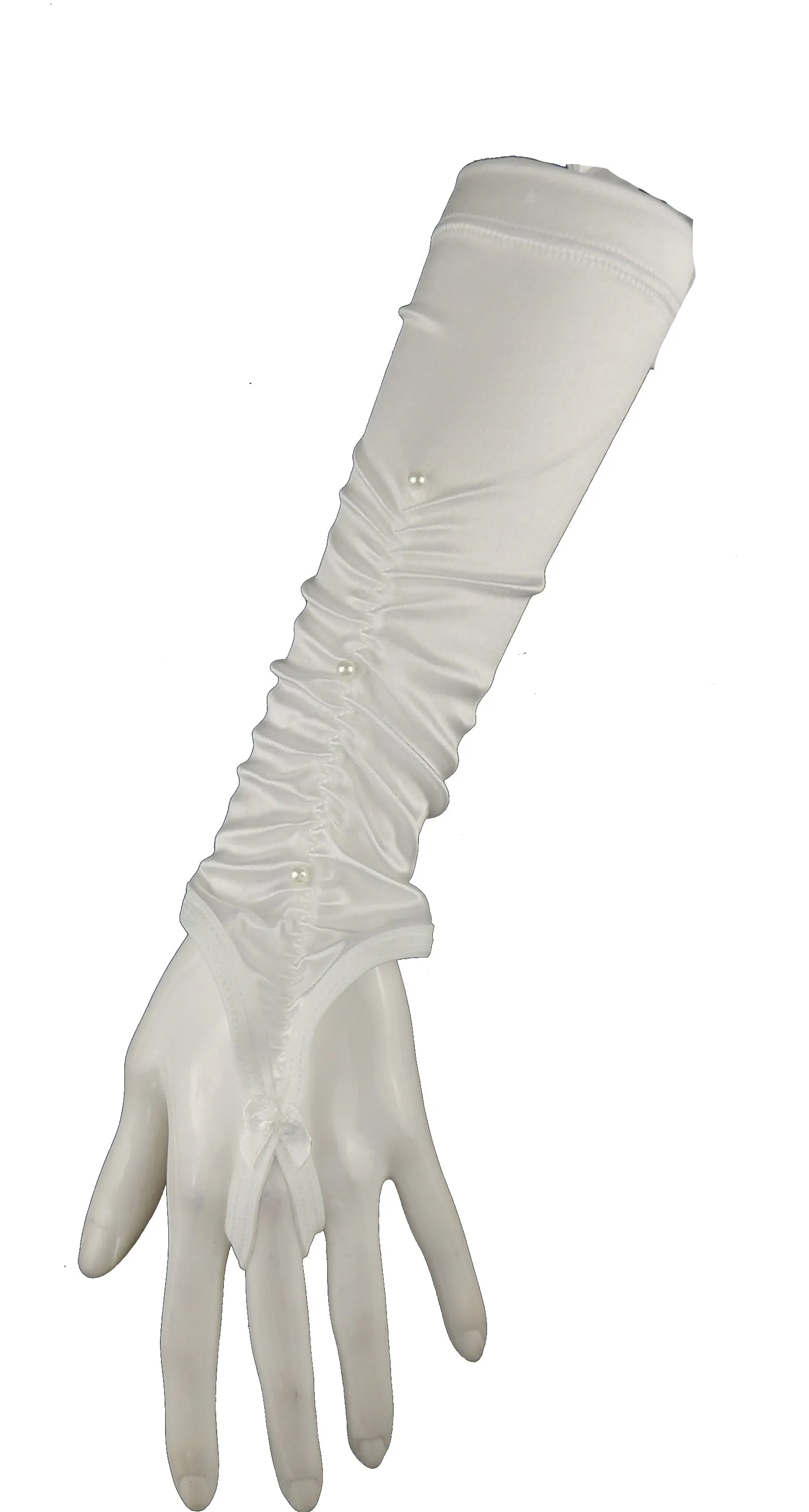 Ladies White Satin Faux Pearl Trimmed Bridal Wedding Fingerless Gloves One Size