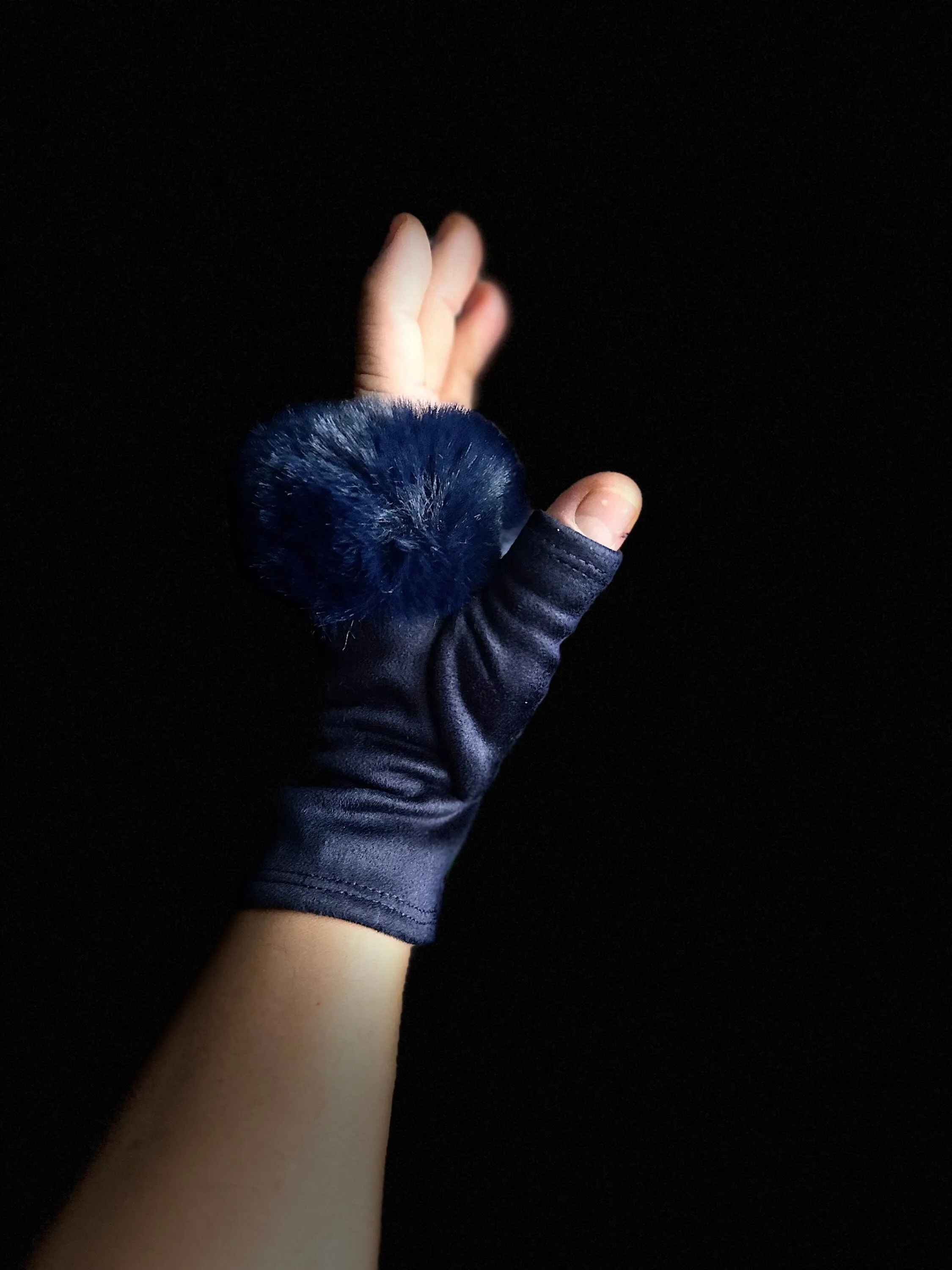 Navy Blue Suede Fingerless Gloves with Faux Fur details,Winter Gloves,Women Gloves,Great Gifts for Mom,Her,Birthday and Christmas