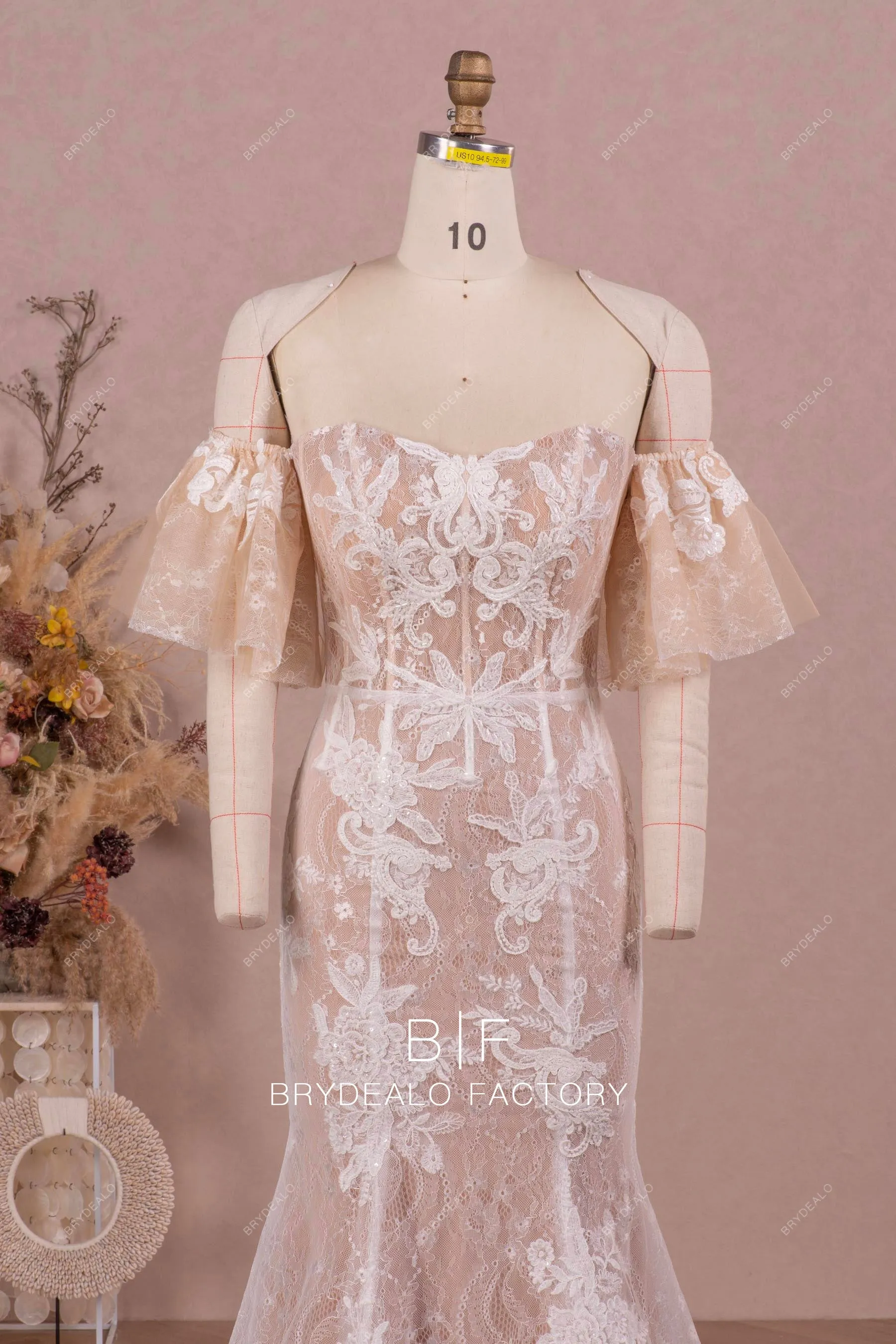 Off Shoulder Flutter Sleeves Lace Beige Mermaid Wedding Dress