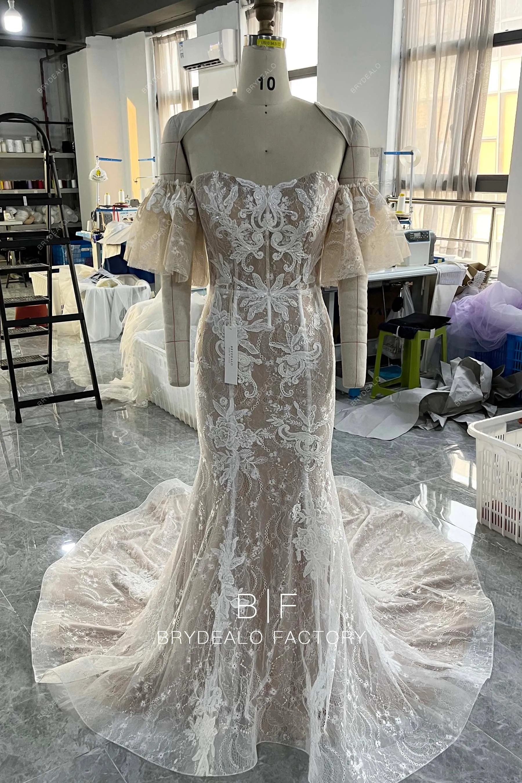 Off Shoulder Flutter Sleeves Lace Beige Mermaid Wedding Dress