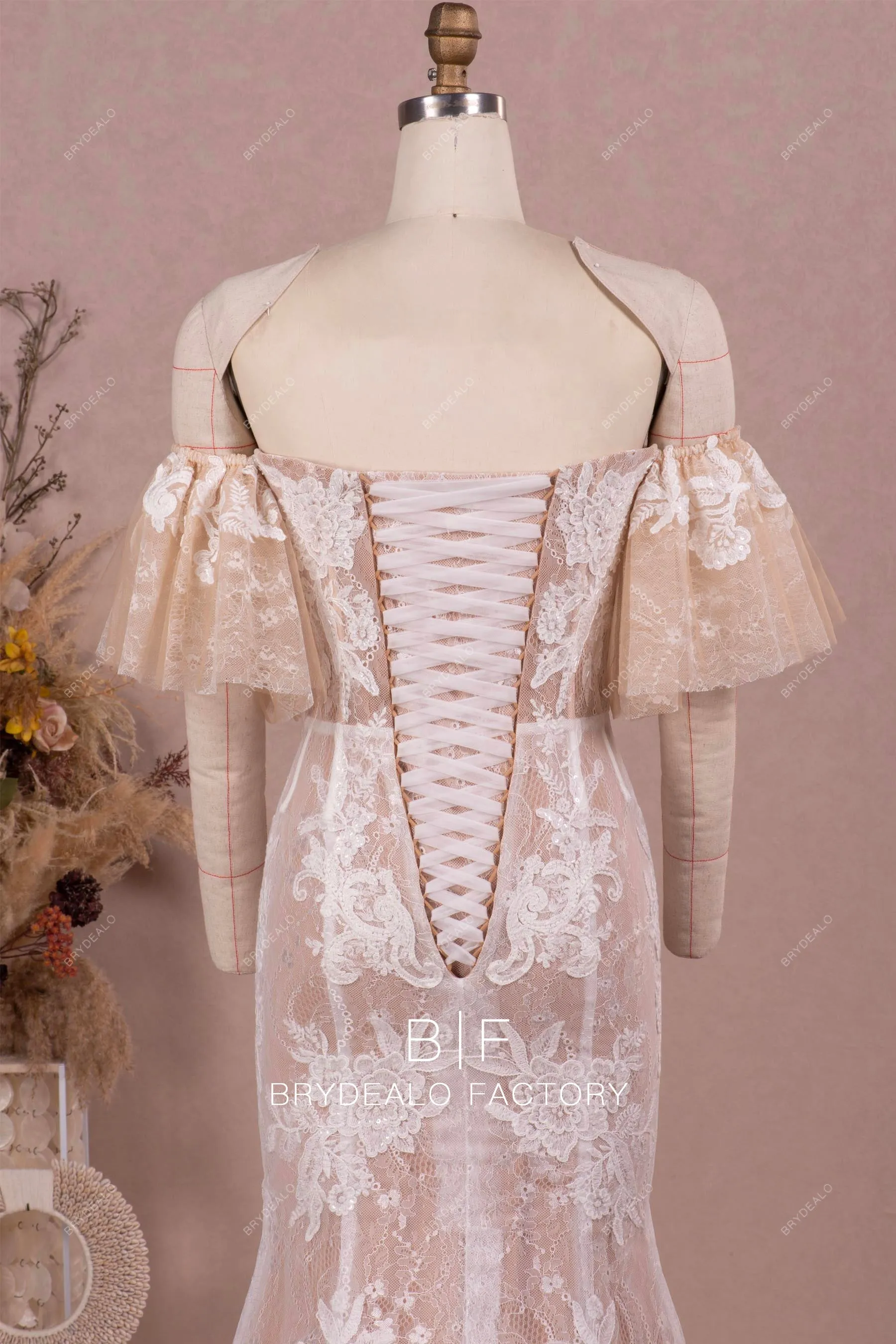 Off Shoulder Flutter Sleeves Lace Beige Mermaid Wedding Dress