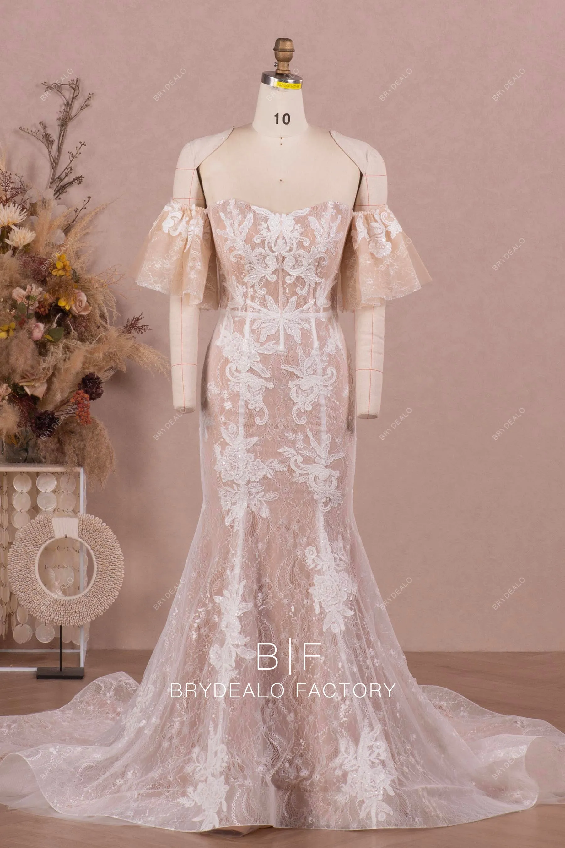 Off Shoulder Flutter Sleeves Lace Beige Mermaid Wedding Dress