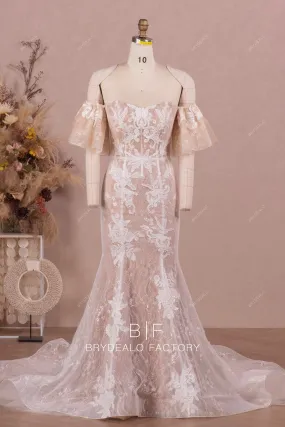 Off Shoulder Flutter Sleeves Lace Beige Mermaid Wedding Dress
