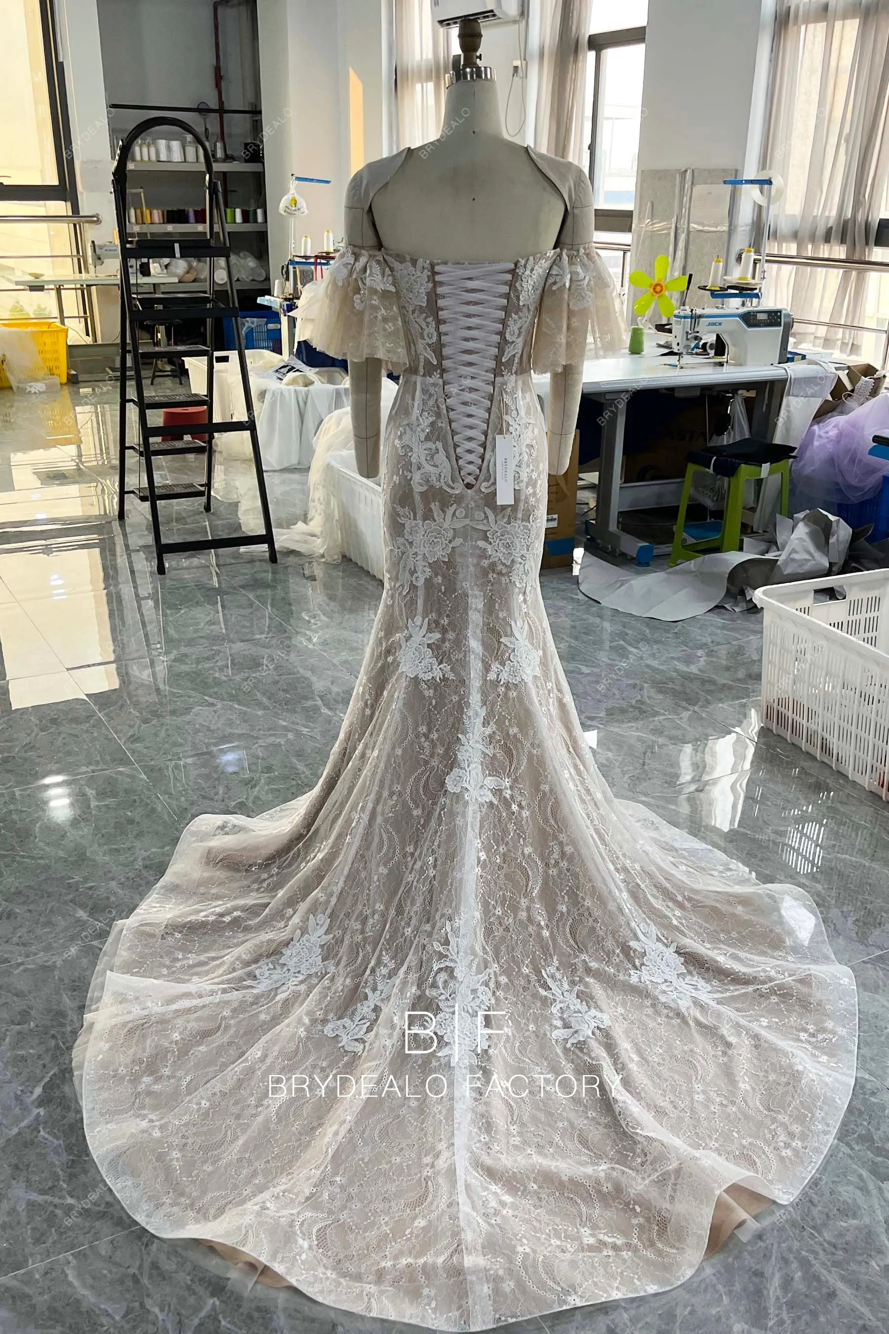 Off Shoulder Flutter Sleeves Lace Beige Mermaid Wedding Dress
