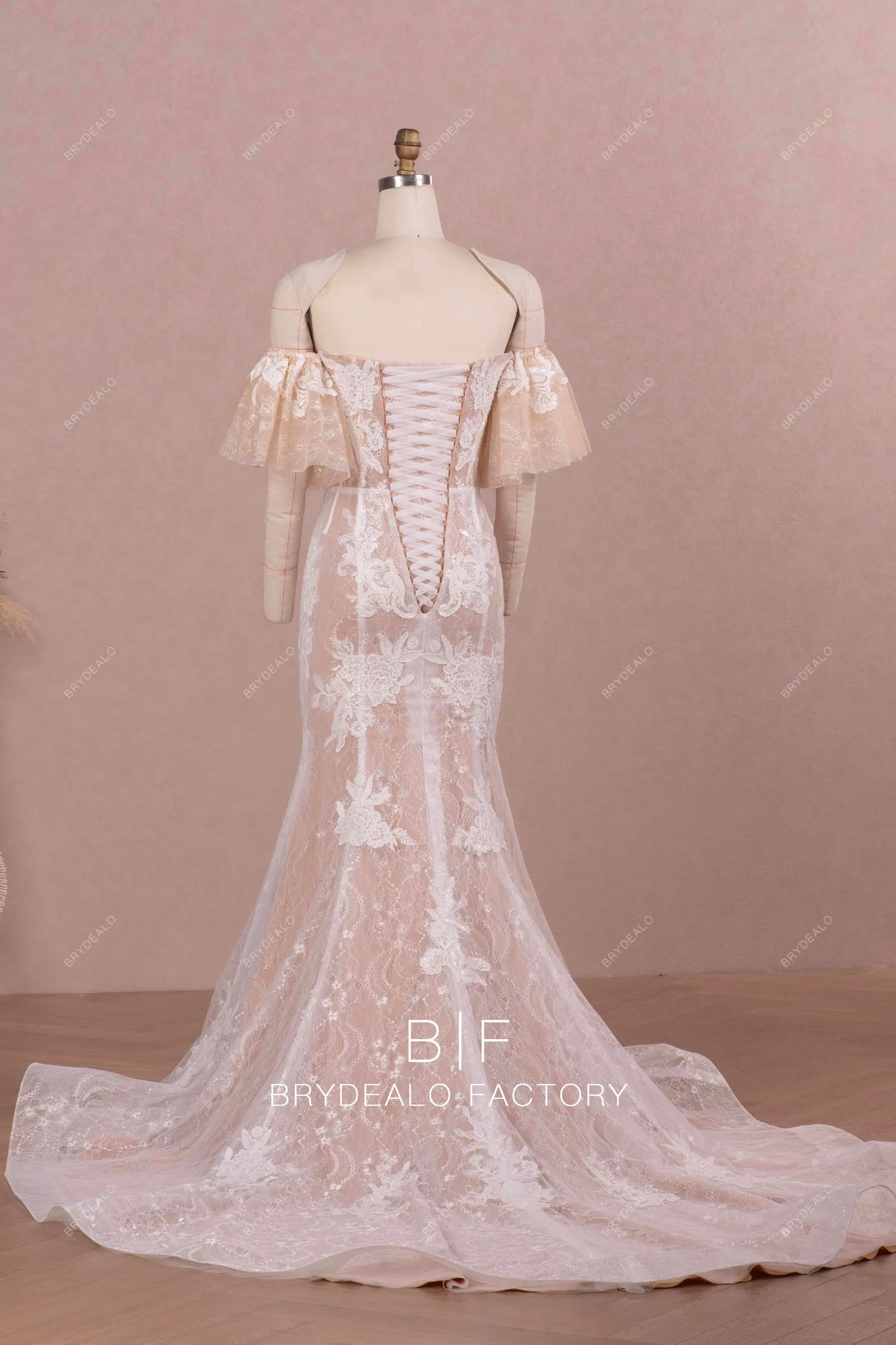 Off Shoulder Flutter Sleeves Lace Beige Mermaid Wedding Dress