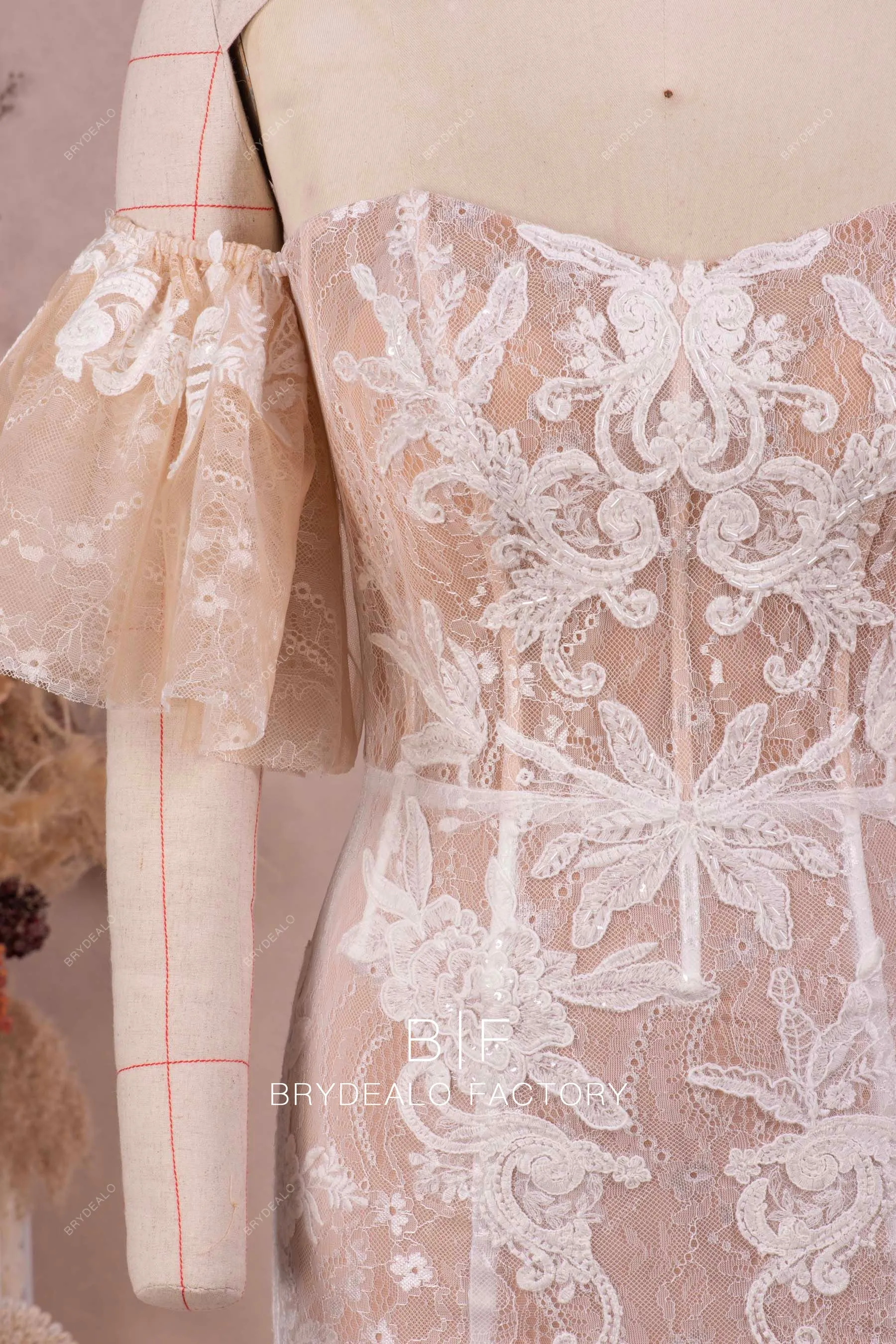 Off Shoulder Flutter Sleeves Lace Beige Mermaid Wedding Dress