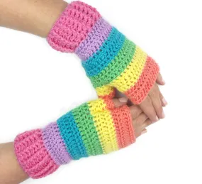 Pastel Rainbow Striped Fingerless Gloves