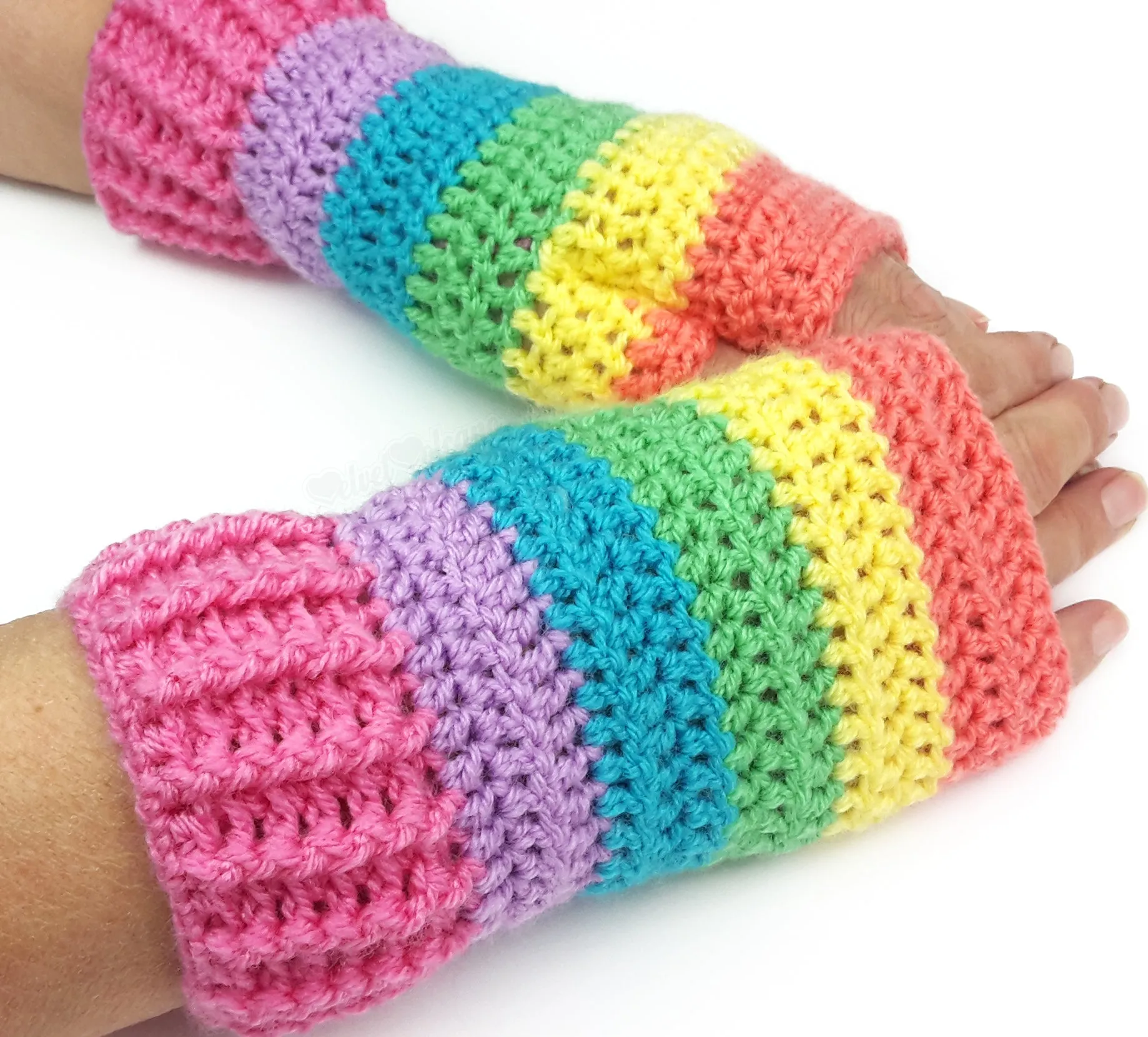 Pastel Rainbow Striped Fingerless Gloves