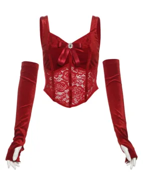 Red 1930s Velvet Lace Tank Top With Gloves