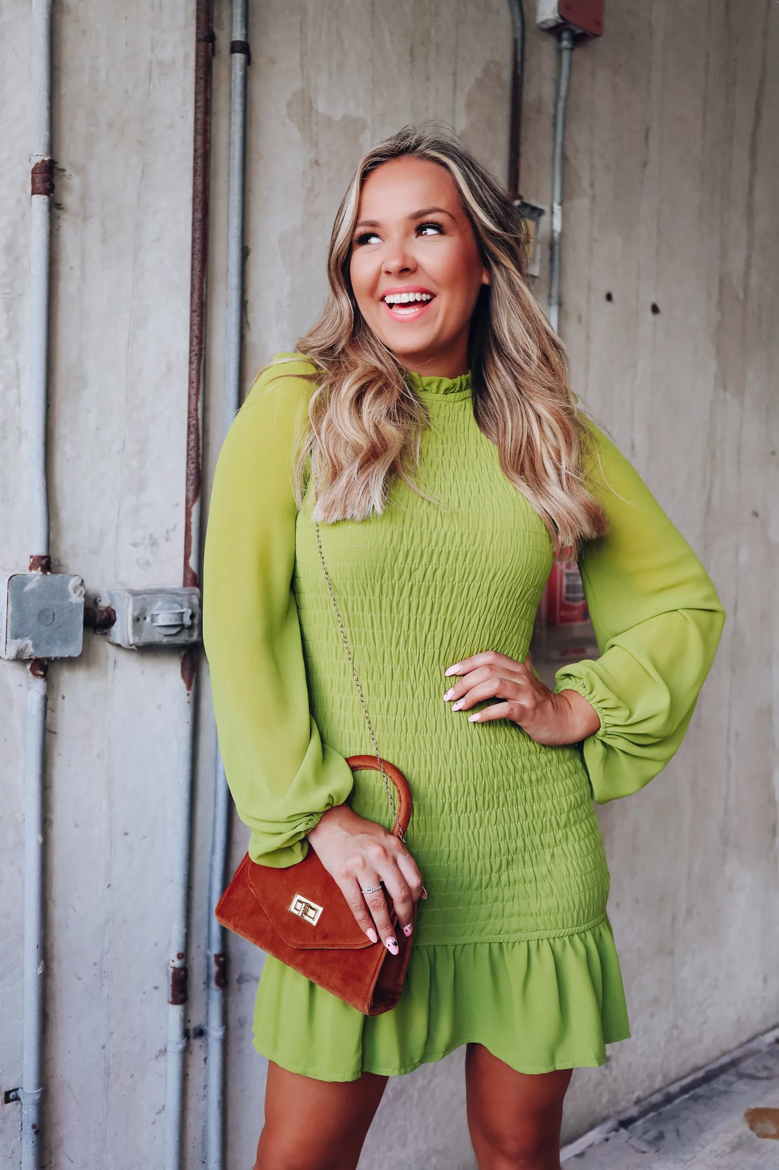 Rena Smocked Sheer Sleeve Mini Dress - Green