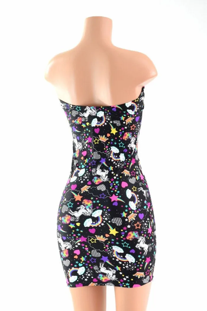 Strapless Unicorn & Rainbow Print Dress