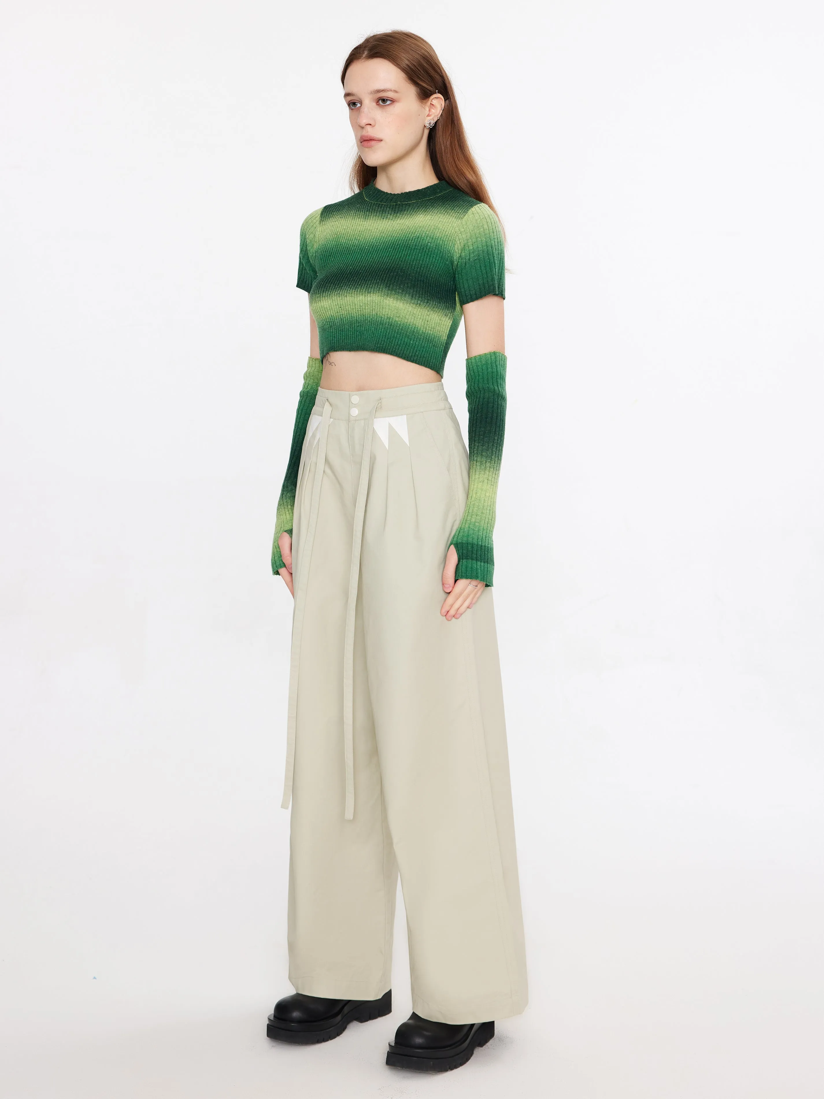 Striped Cropped Knit T-Shirt With Sleeves