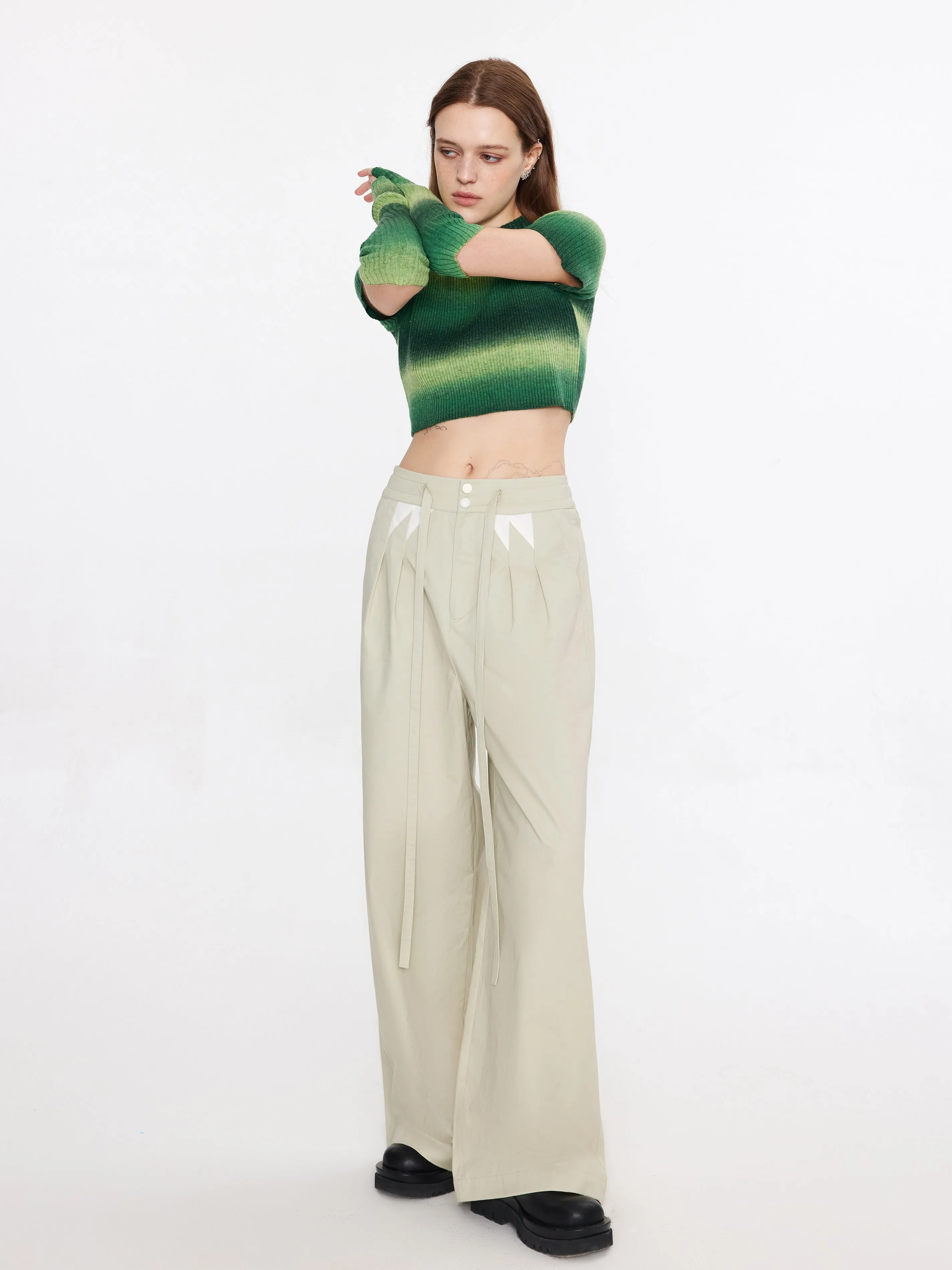 Striped Cropped Knit T-Shirt With Sleeves