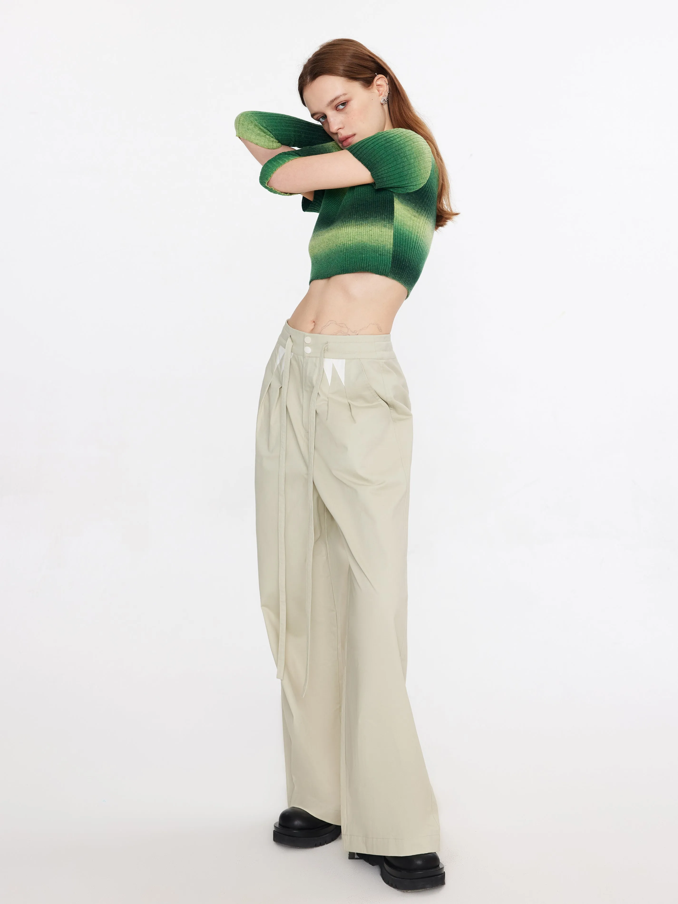 Striped Cropped Knit T-Shirt With Sleeves