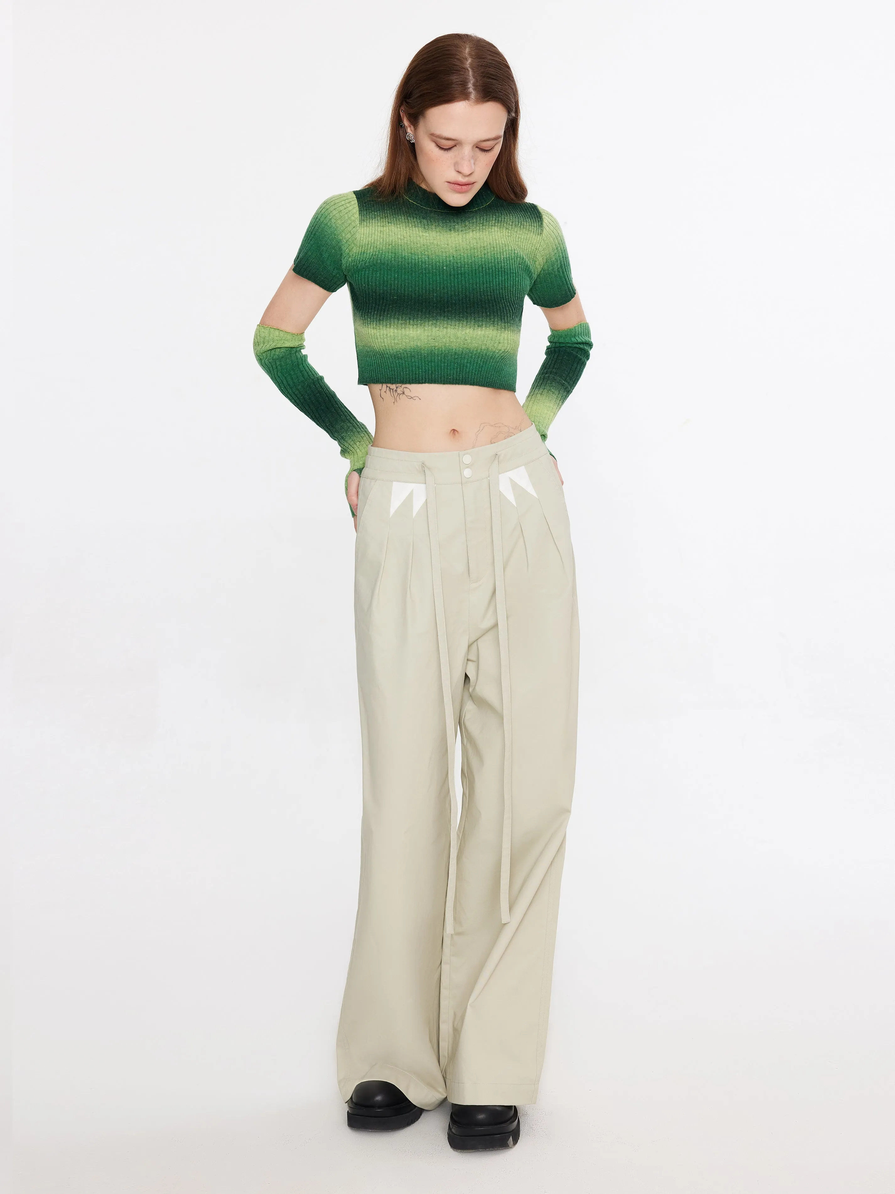 Striped Cropped Knit T-Shirt With Sleeves