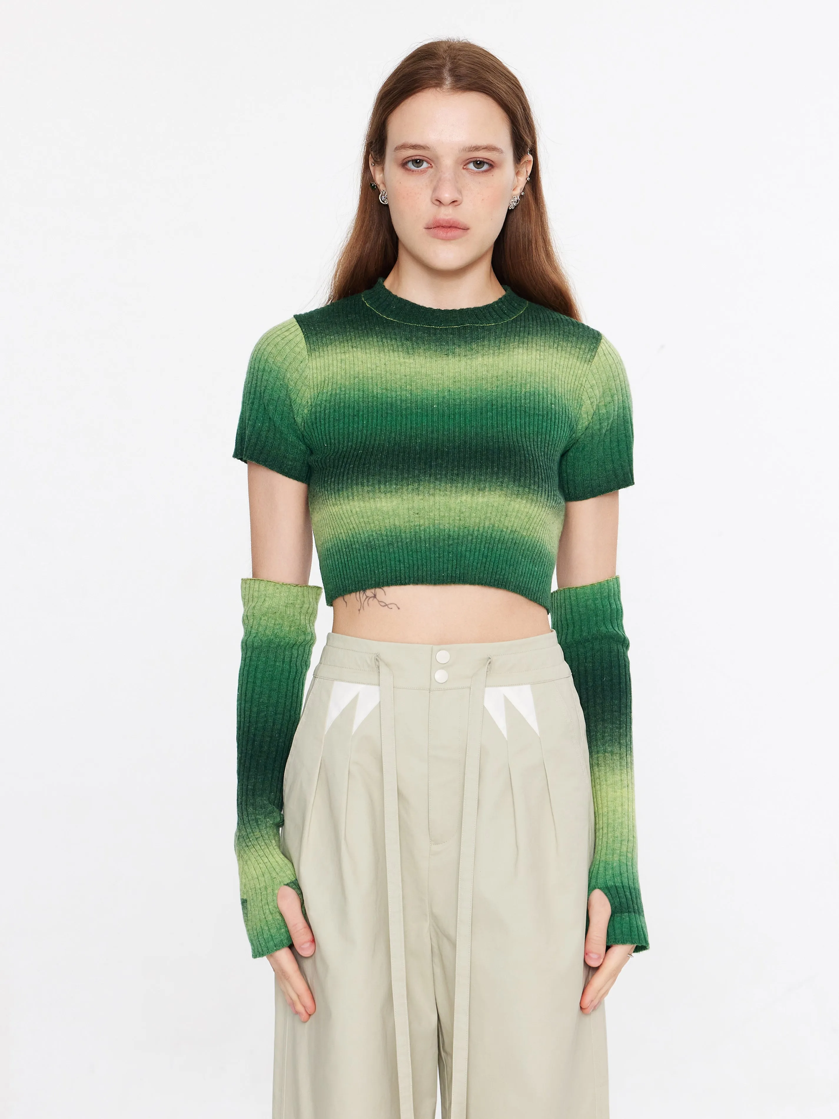 Striped Cropped Knit T-Shirt With Sleeves