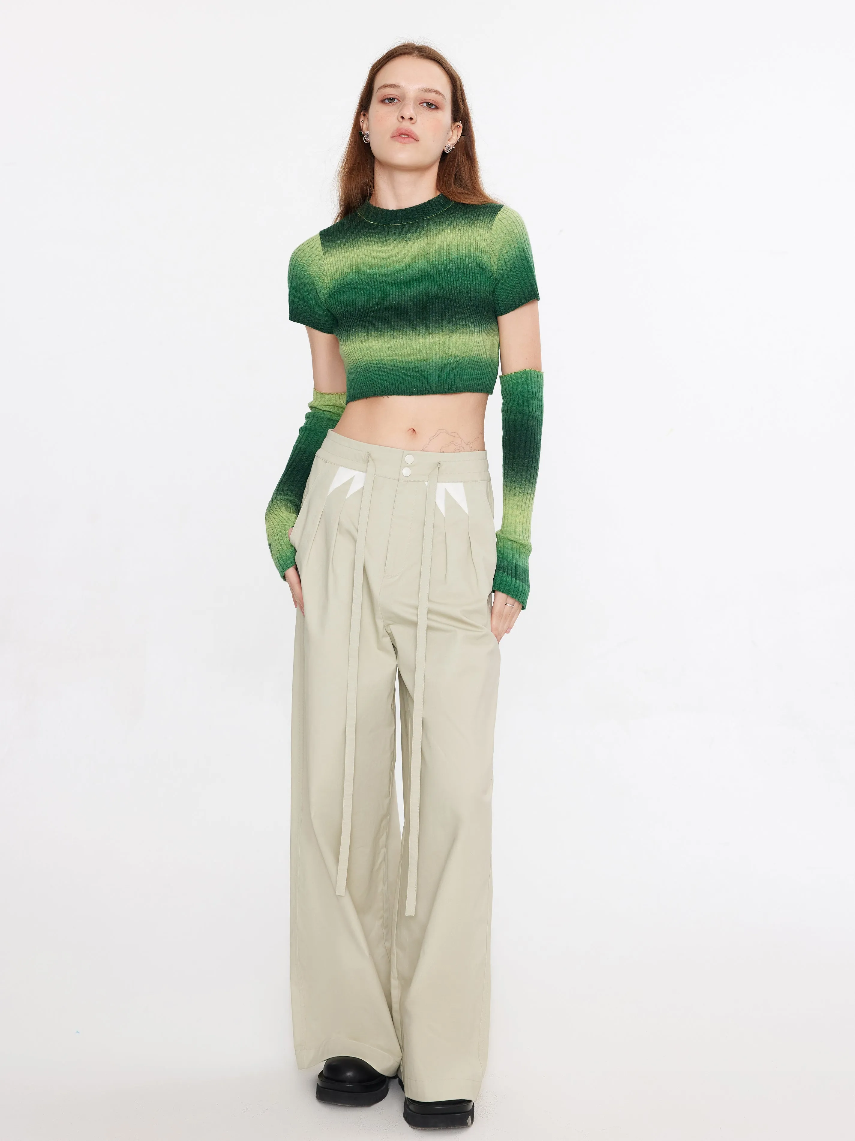 Striped Cropped Knit T-Shirt With Sleeves