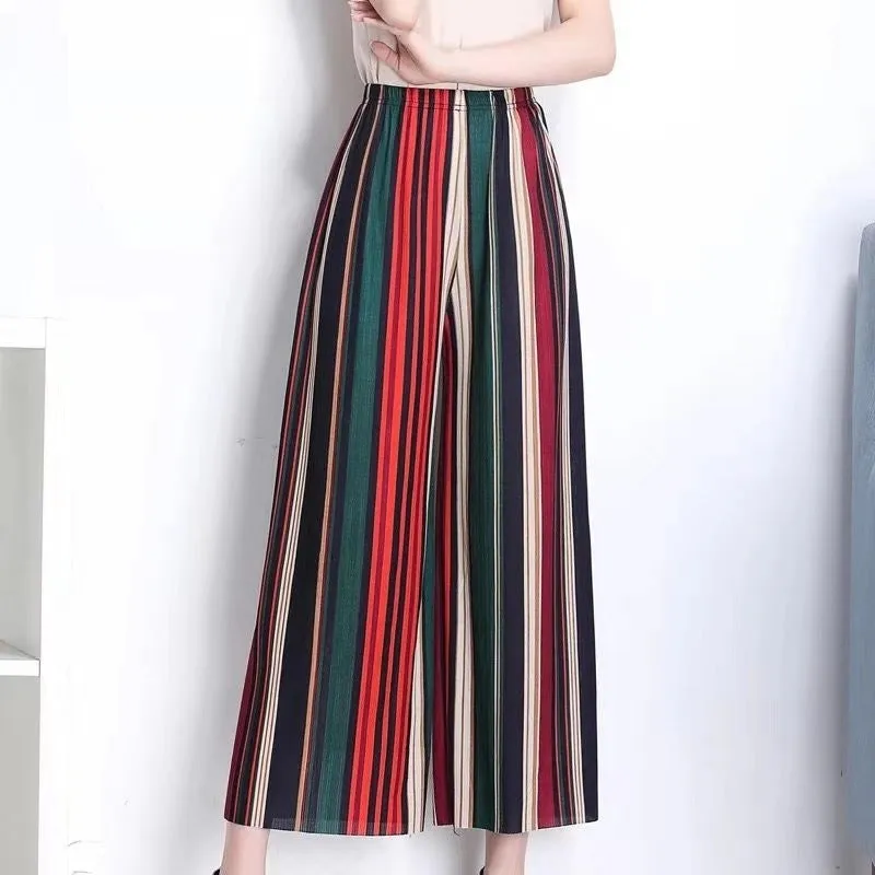Trendy Wide Leg Pants Women Summer Culottes Striped Slim Look Straight Casual Pants
