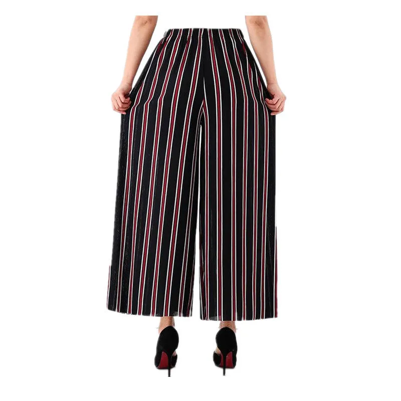 Trendy Wide Leg Pants Women Summer Culottes Striped Slim Look Straight Casual Pants
