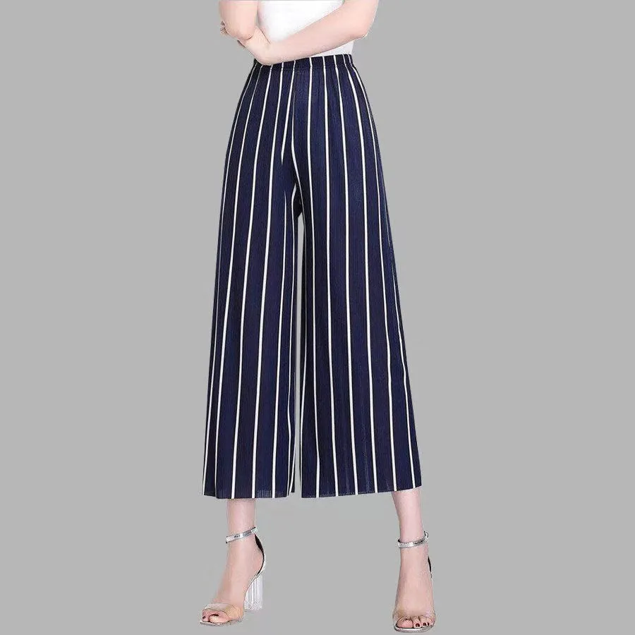Trendy Wide Leg Pants Women Summer Culottes Striped Slim Look Straight Casual Pants